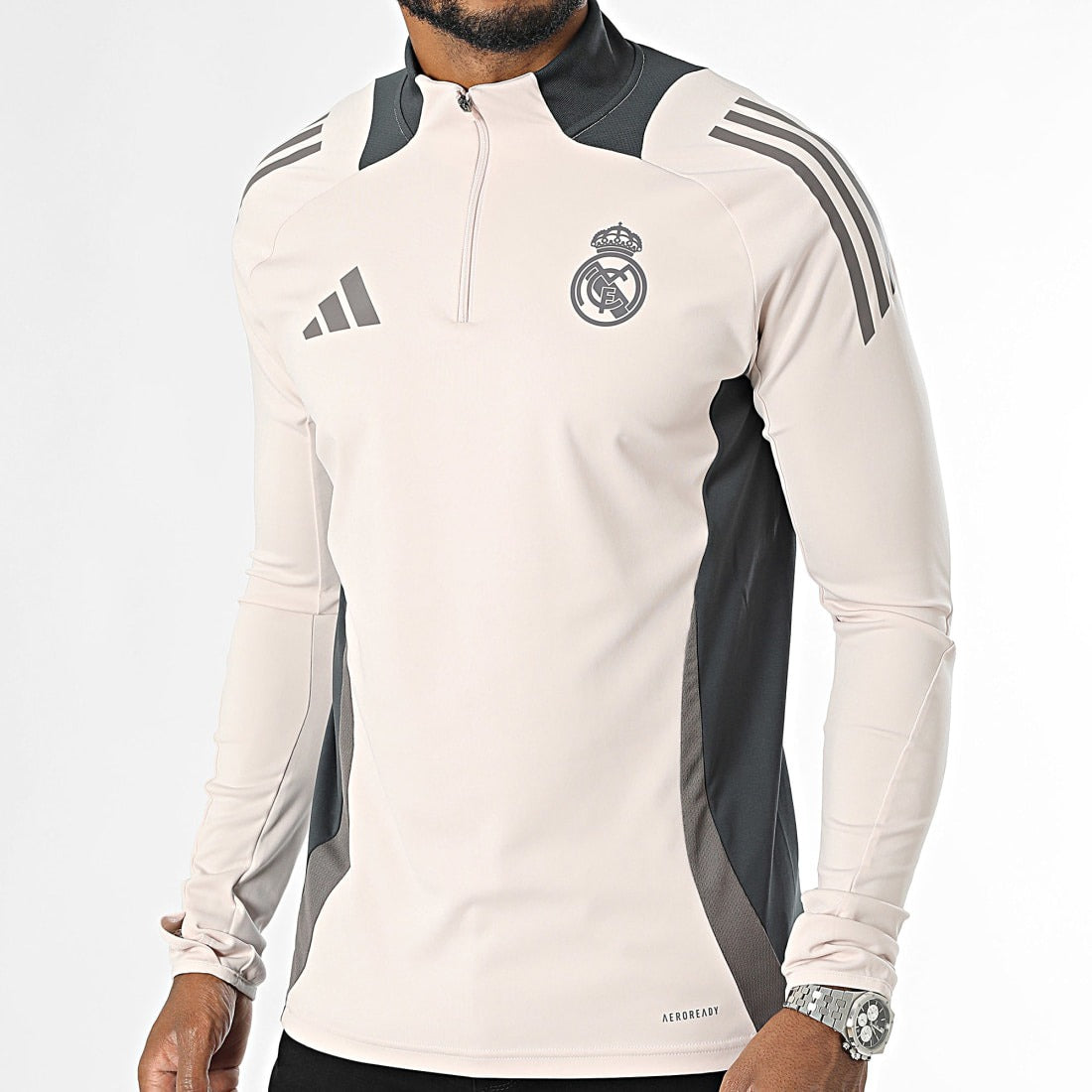 Tee Shirt Manches Longues A Bandes Real Madrid IT5133 Beige Gris