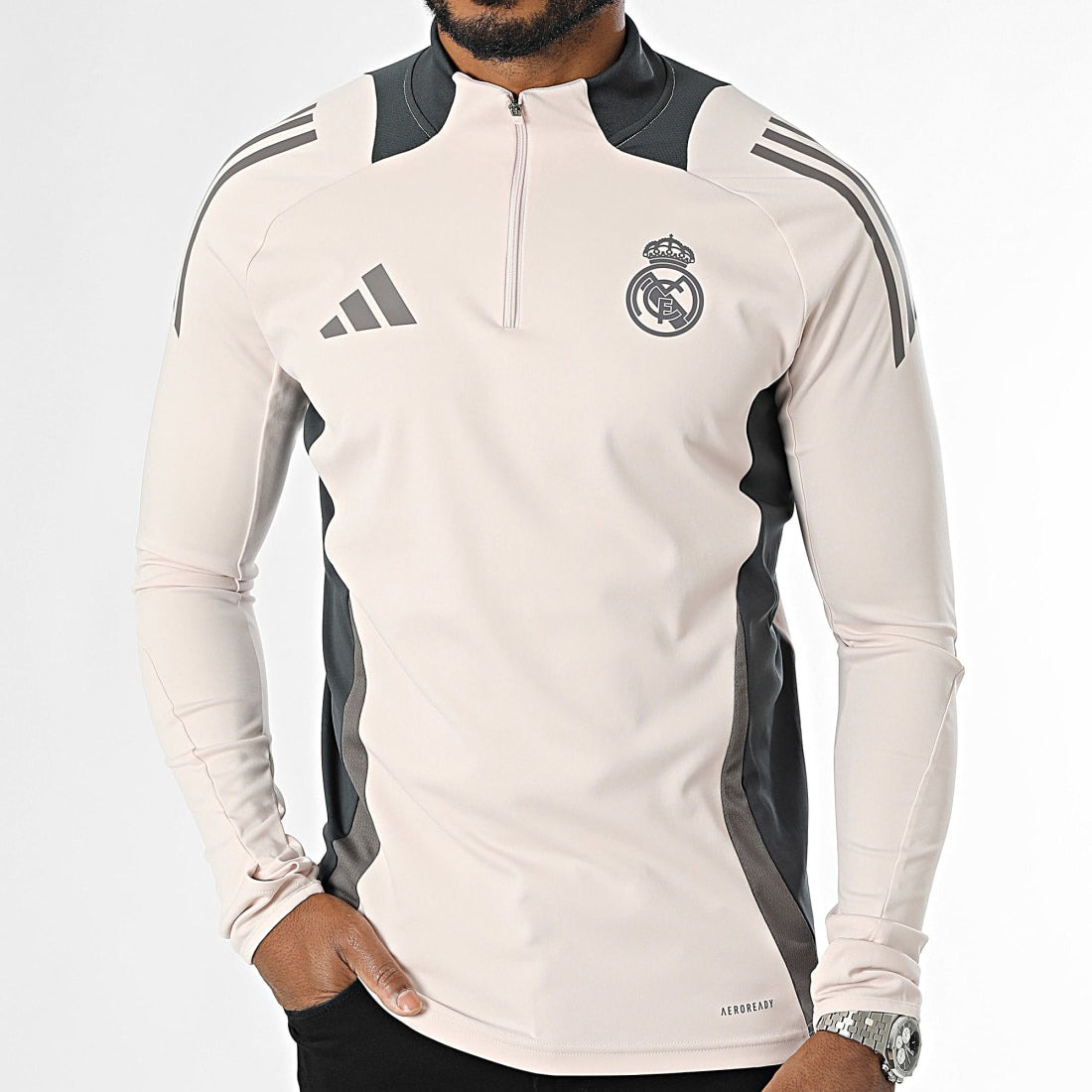 Tee Shirt Manches Longues A Bandes Real Madrid IT5133 Beige Gris